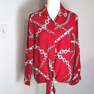 Susan Graver Red Blouse w/ White Chain Print, Longsleeve, Ties at Waist, Size 2